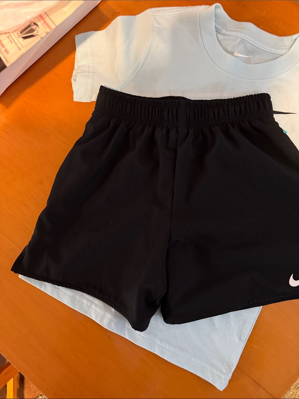 Nike Light Blue Graphic Tee with Black Athletic Shorts - Picture 3 of 4